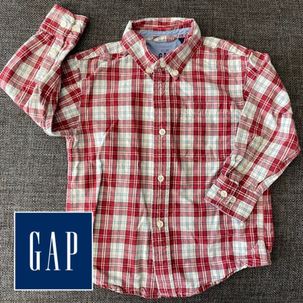 ⭐️ EUC GAP Red Plaid Button Down Authentic Oxford Shirt, Boys XS/4, 100% Cotton